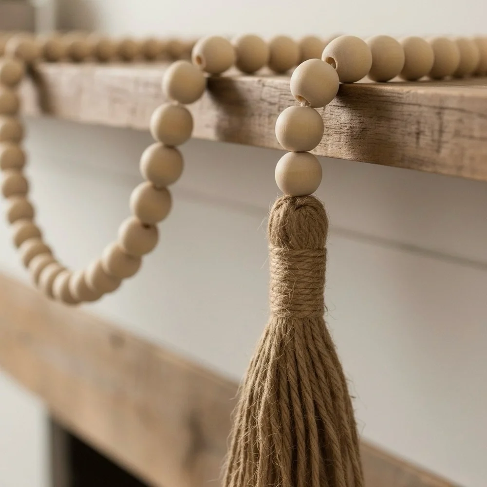 Handmade Wood Bead Garland | 58” Boho Farmhouse Tassel Decor | Gift Ready - Picture 2 of 16